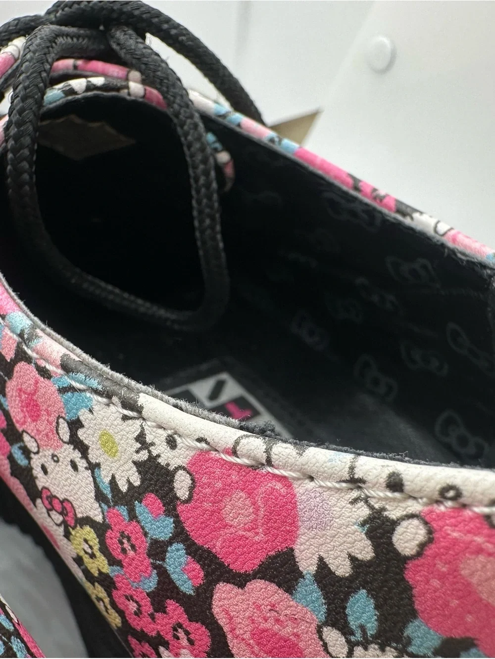 T.U.K Floral Hello Kitty Platform Lace-Up Moccasins - Pink, White, Black